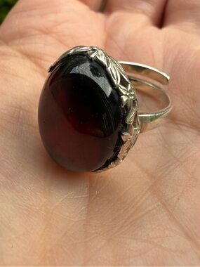Baltic amber Cherry red Adjustable Witchy Gothic Art Nouveau Silver Floral Ring